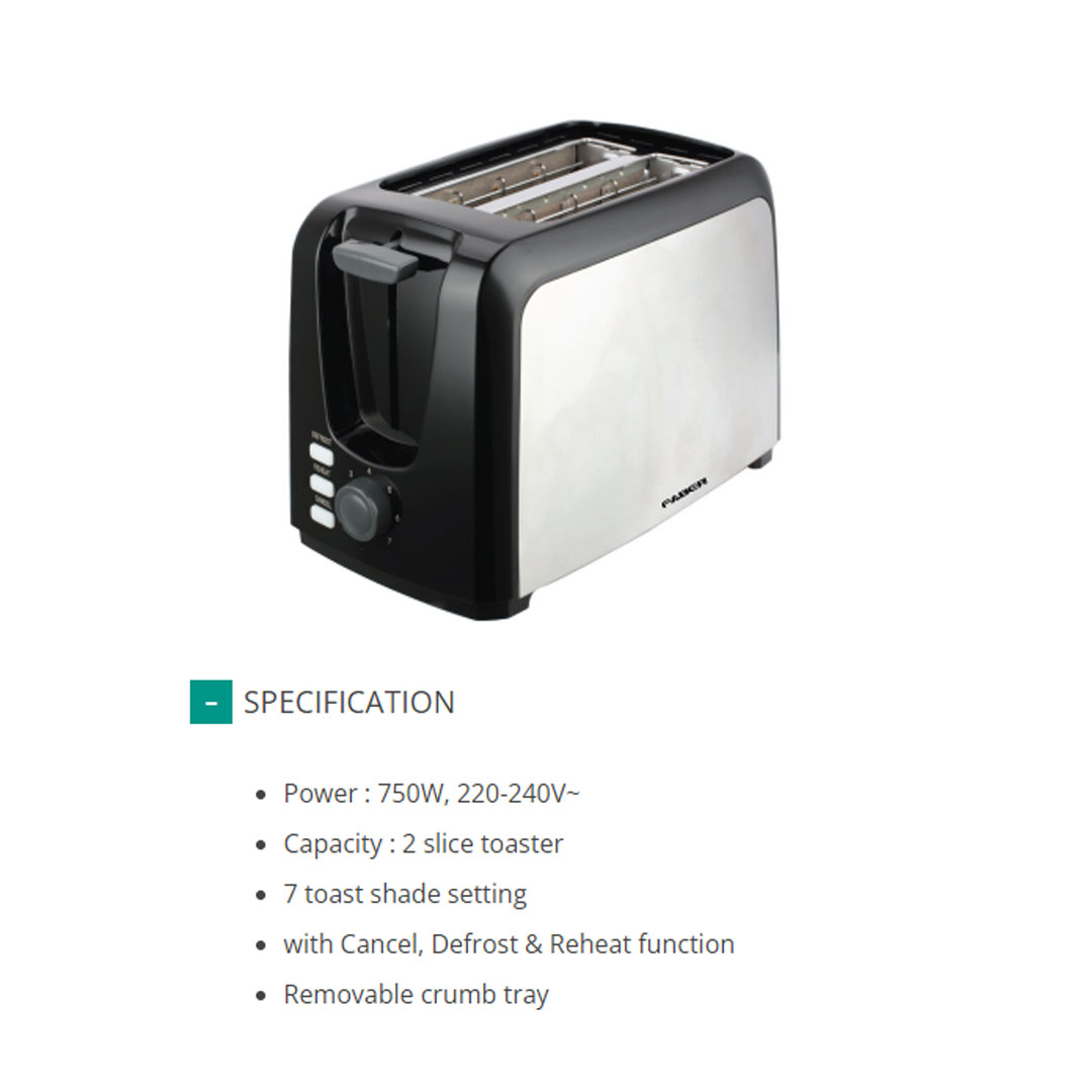 FABER 2 Slices Bread Toaster FT 206SS | 7 Toast Shade Setting | Removable Crumb Tray | With Cancel, Defrost & Reheat Function | Toaster with 1 Year Warranty