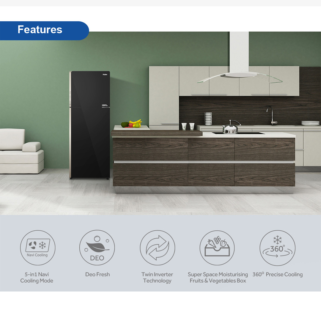 HAIER 284L 2 Doors Glass Series Top Mount Twin Inverter Refrigerator HRF-318IHG | 5-in-1 Navi Cooling Mode  | 360º Precise Cooling | Door Pocket | Humidity Control | Ice Maker | LED Controller | Refrigerators with 2 Year Warranty