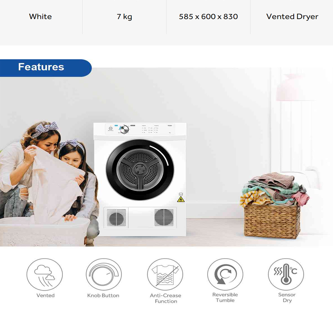 HAIER 7KG Vented Dryer HDV70A1 | Hygiene Care | Sensor Dry | Anti-Crease Function | Reversible Tumble | Knob Control | Air Dry | Reversible Drum | Dryer with 2 Year Warranty