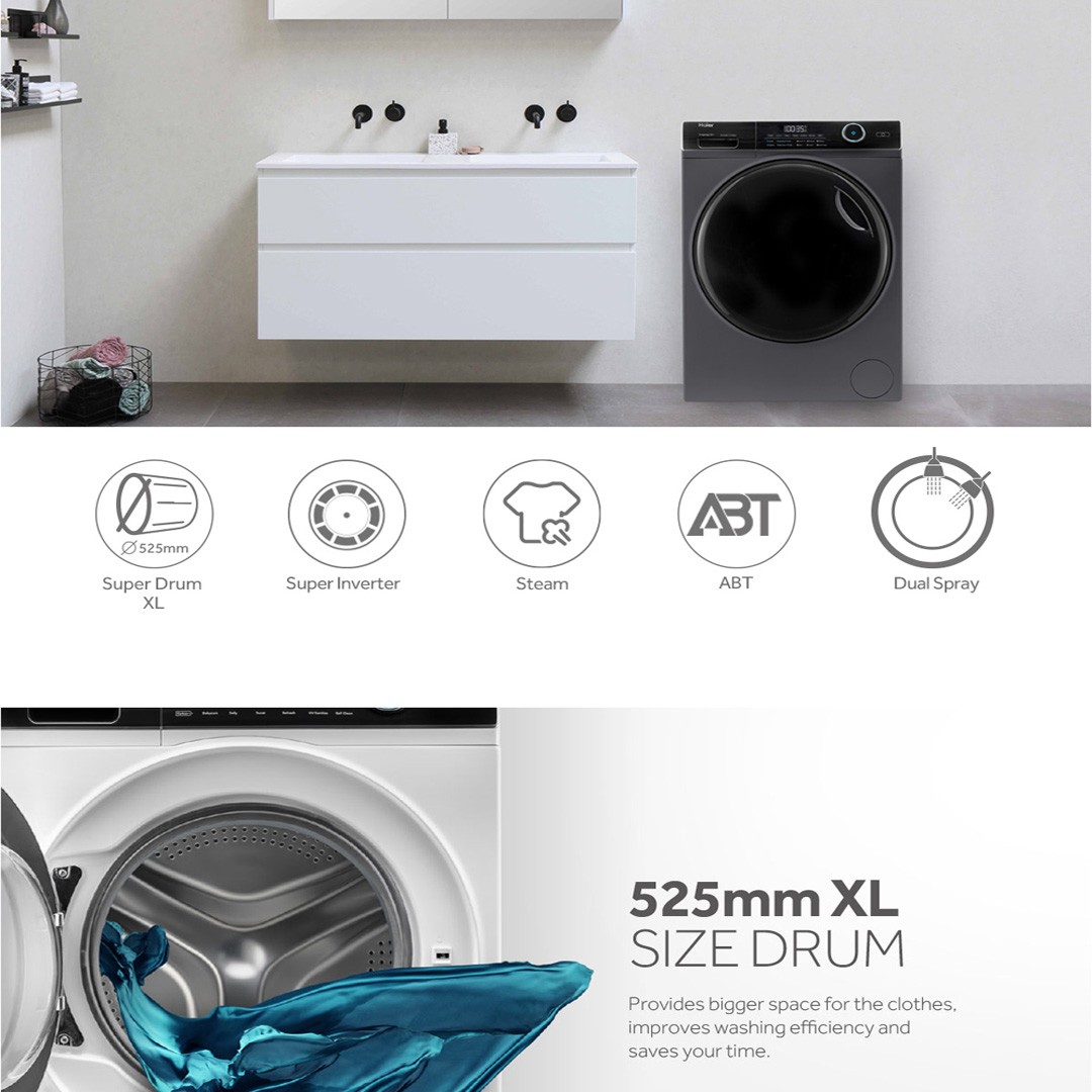 HAIER 9KG Front Load Super Inverter Washing Machine HW90-BP14959S6 |  ABT | Smart Dual Spray | Auto Lock Door | Refresh | Steam | Wave Drum | Washing Machine with 2 Year Warranty