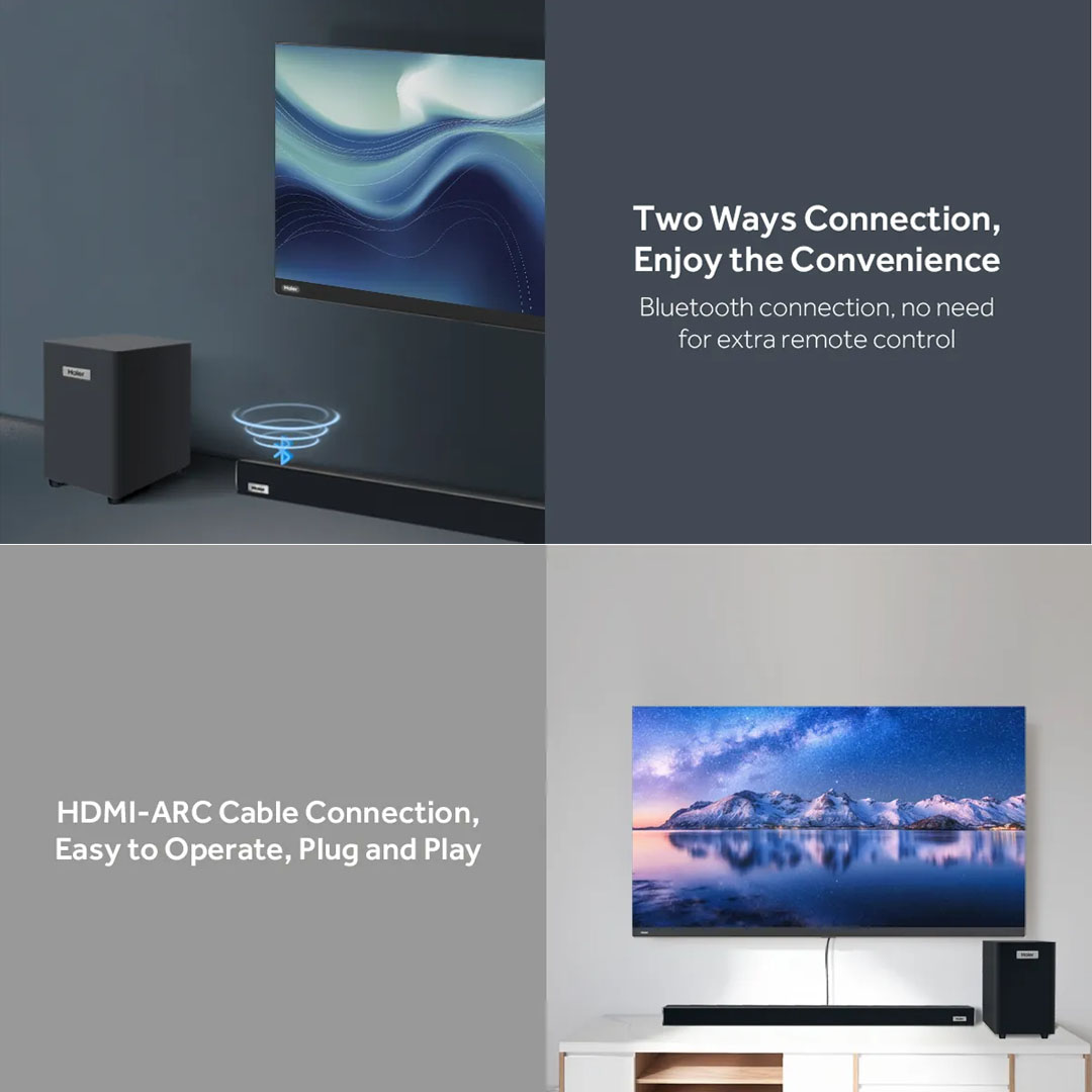 HAIER 120W Sound Bar HSD3A040B | Cinema Sound Effect | Independent Subwoofer | Easy Connection | HDMI ARC | Bluetooth |  Sound Bar with 1 Year Warranty