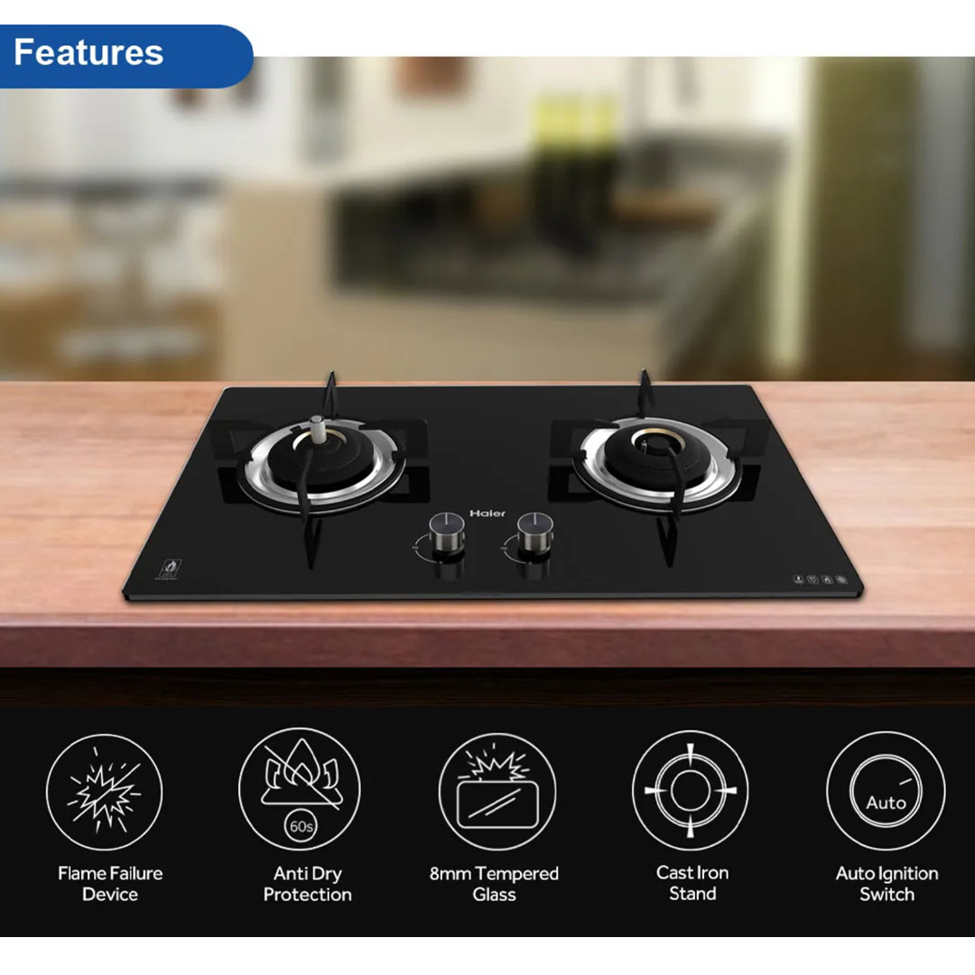 HAIER 2 Burners Built-In Gas Hob JZY/T-QHA638 | Anti Dry Sensor | 8mm Tempered Glass | Copper Burner | Auto Ignition Switch | Gas Hob with 2 Year Warranty