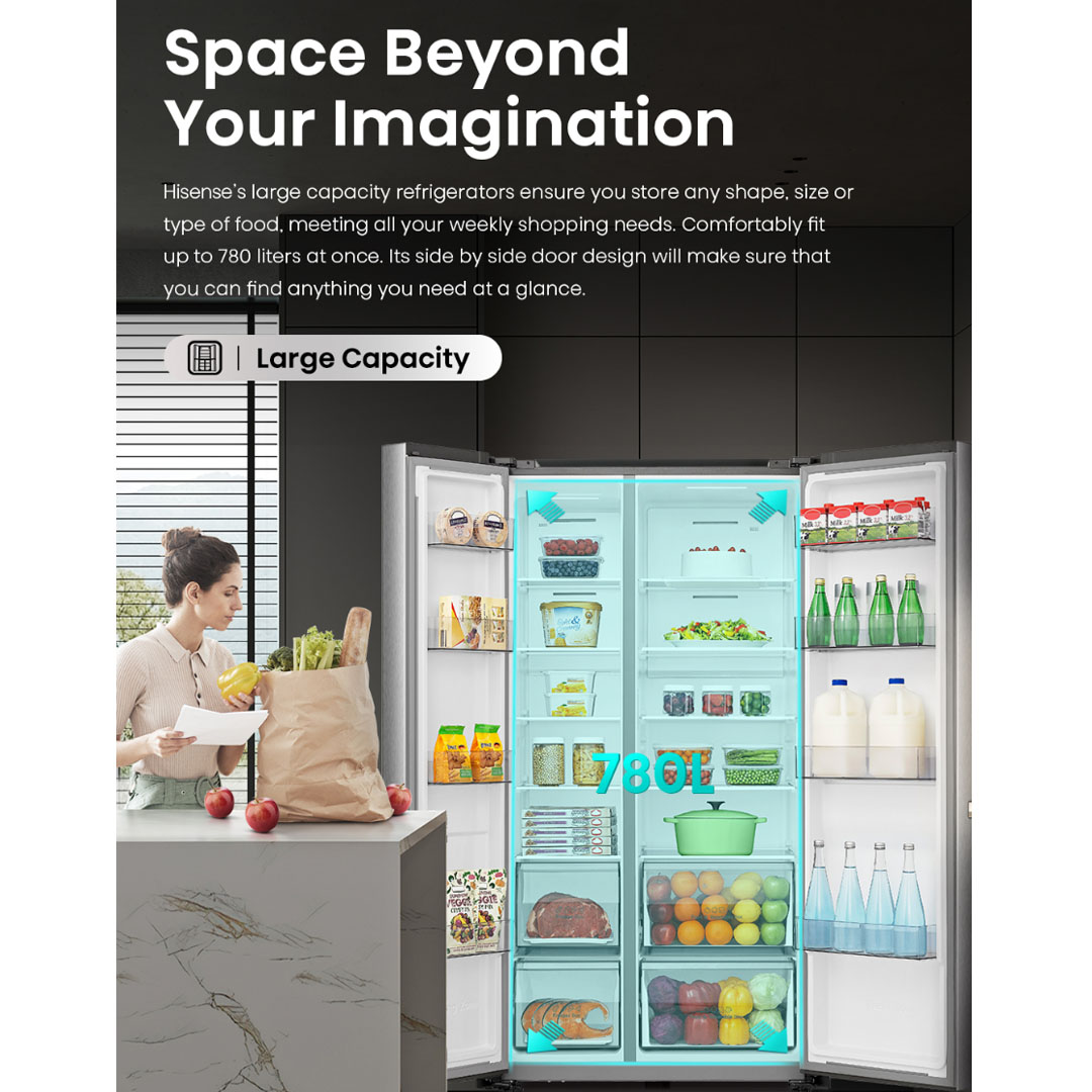 HISENSE 780L Side by Side Inverter Refrigerator RS868N4ASV | Deodorizing Filter | Electronic Touch Control | Led Lighting | Refrigerator with 3 Years Warranty