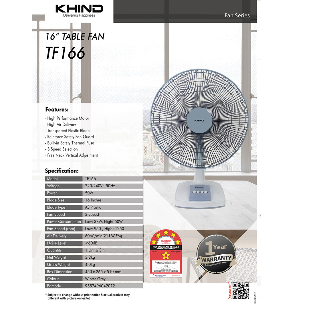 KHIND 16" Table Fan TF166 | 5 Star Energy Saving | Built-in Safety Thermal Fuse | 3 Speed Selection | High Air Delivery | Table Fan with 1 Year Warranty