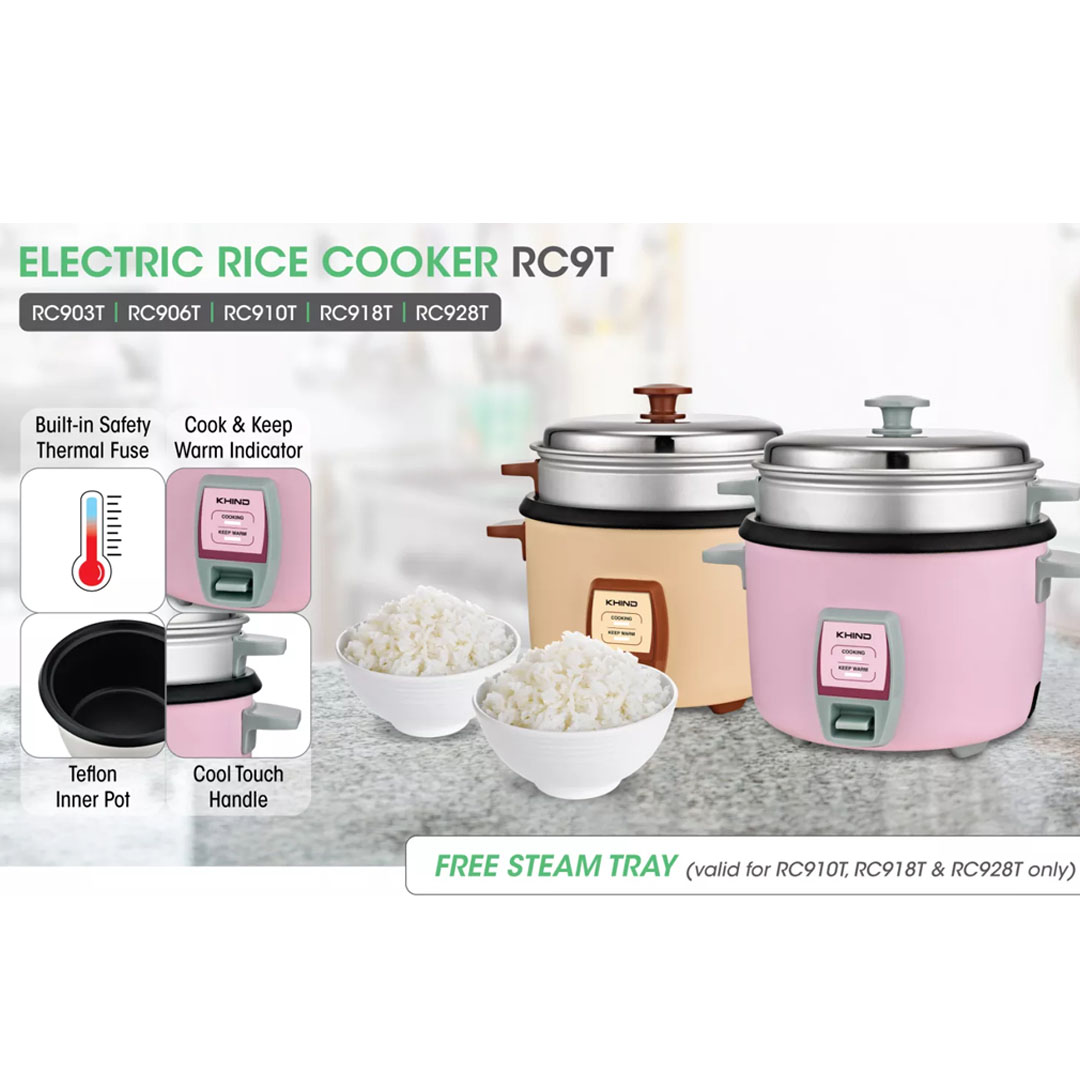 KHIND 2.8L Rice Cooker RC928T | FREE Steam Tray | Built-in Safety Thermal Fuse | Teflon Inner Pot | Cook & Keep Warm Indicator | Rice Cooker with 2 Years Warranty
