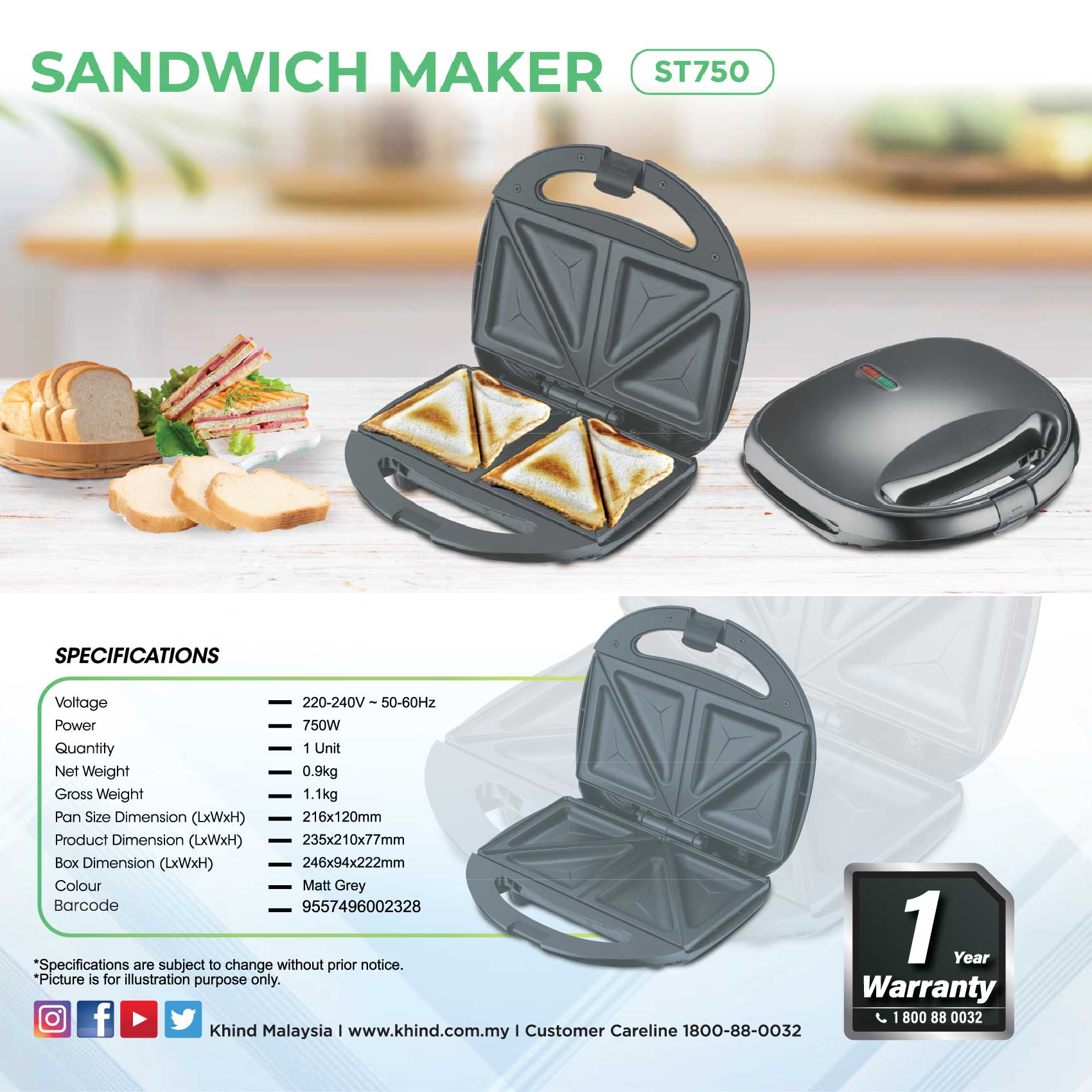 KHIND Sandwich Maker ST750 | Easy to Clean | Lock System | Non-Stick Coating Plate | Upright for Storage | Sandwich Maker with 1 Year General Warranty