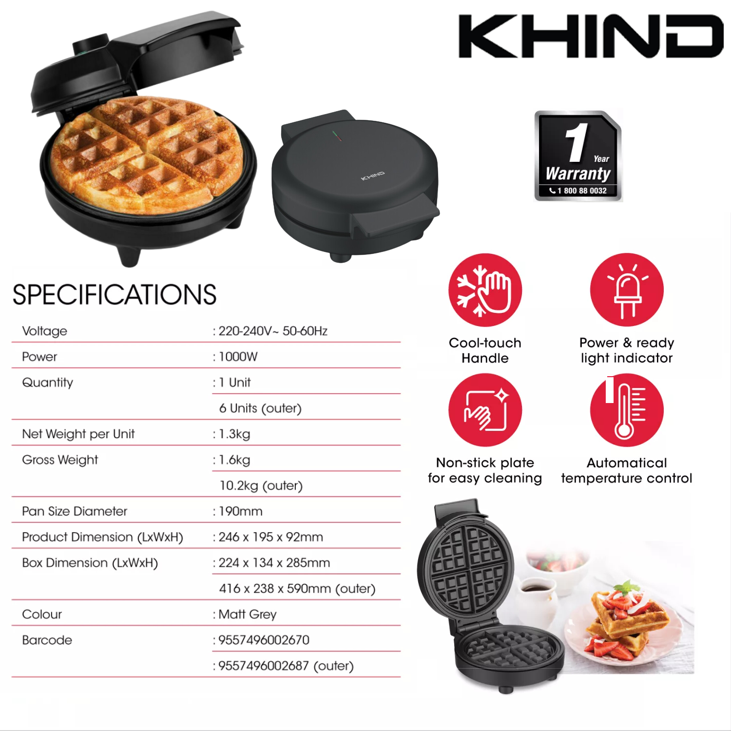 KHIND Waffle Maker WFM1019 | Cool-touch Handle | Power & Ready Light lndicator | Non-stick Plate For Easy Cleaning | Automatical Temperature Control | Waffle Maker with 1 Year General Warranty