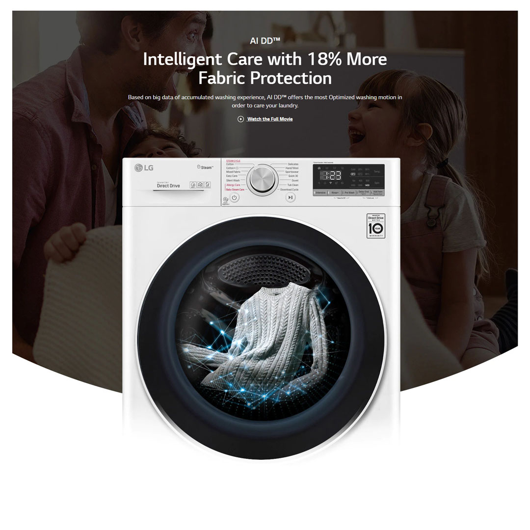 LG 9KG Front Load Washer with AI Direct Drive and Steam FV1409S4W  | Wifi | 6 Motion | Allergy Care | Quick 30 | Smart Diagnosis | Easy Care | Tub Clean | Cotton+ | Delicate | Silent Wash | Washer Dryer with 1 Year Warranty