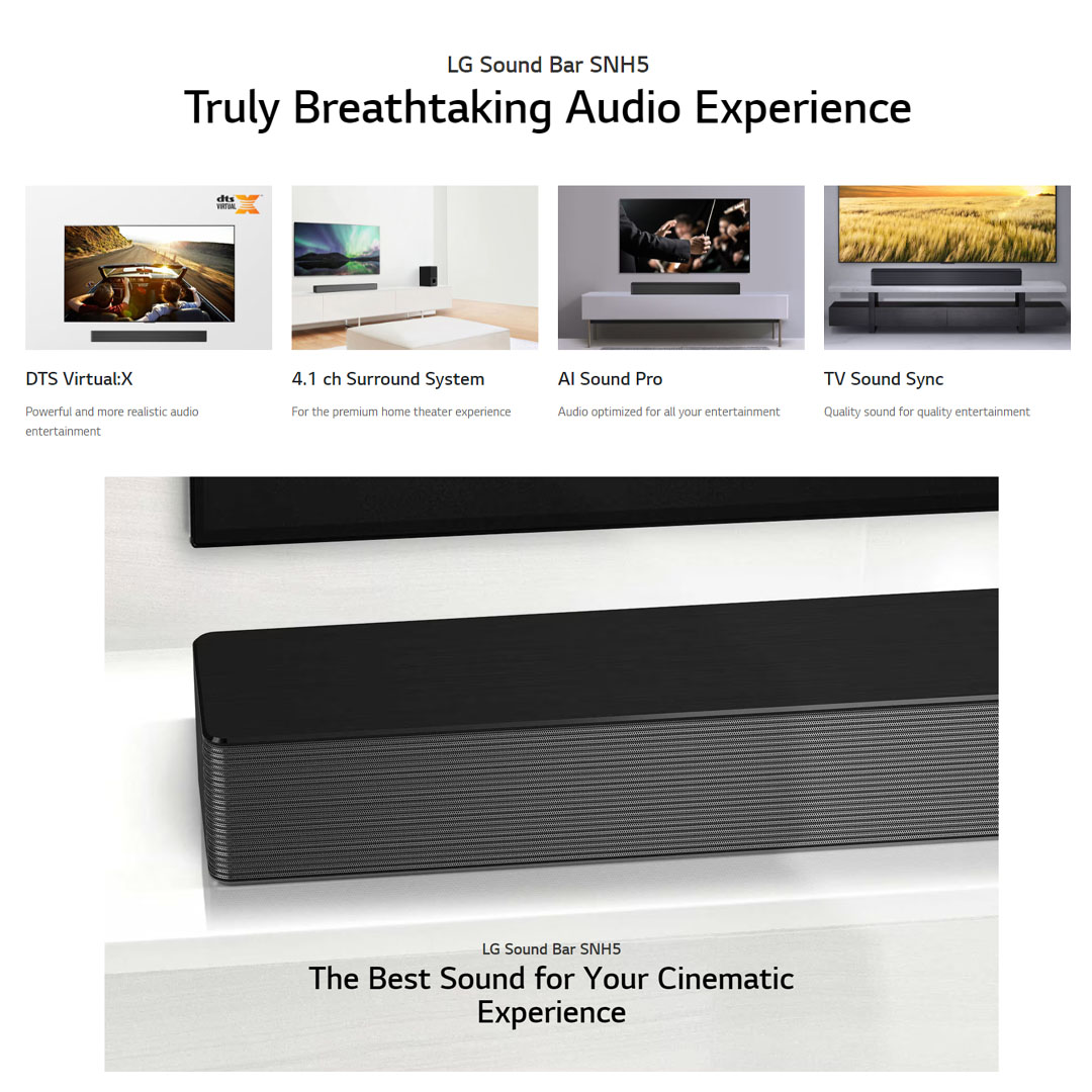 LG 600W Sound Bar with DTS Virtual X & Bluetooth Connectivity SNH5 | AI Sound Pro | TV Sound Sync | 4.1 ch | Sound Bar with 1 Year Warranty