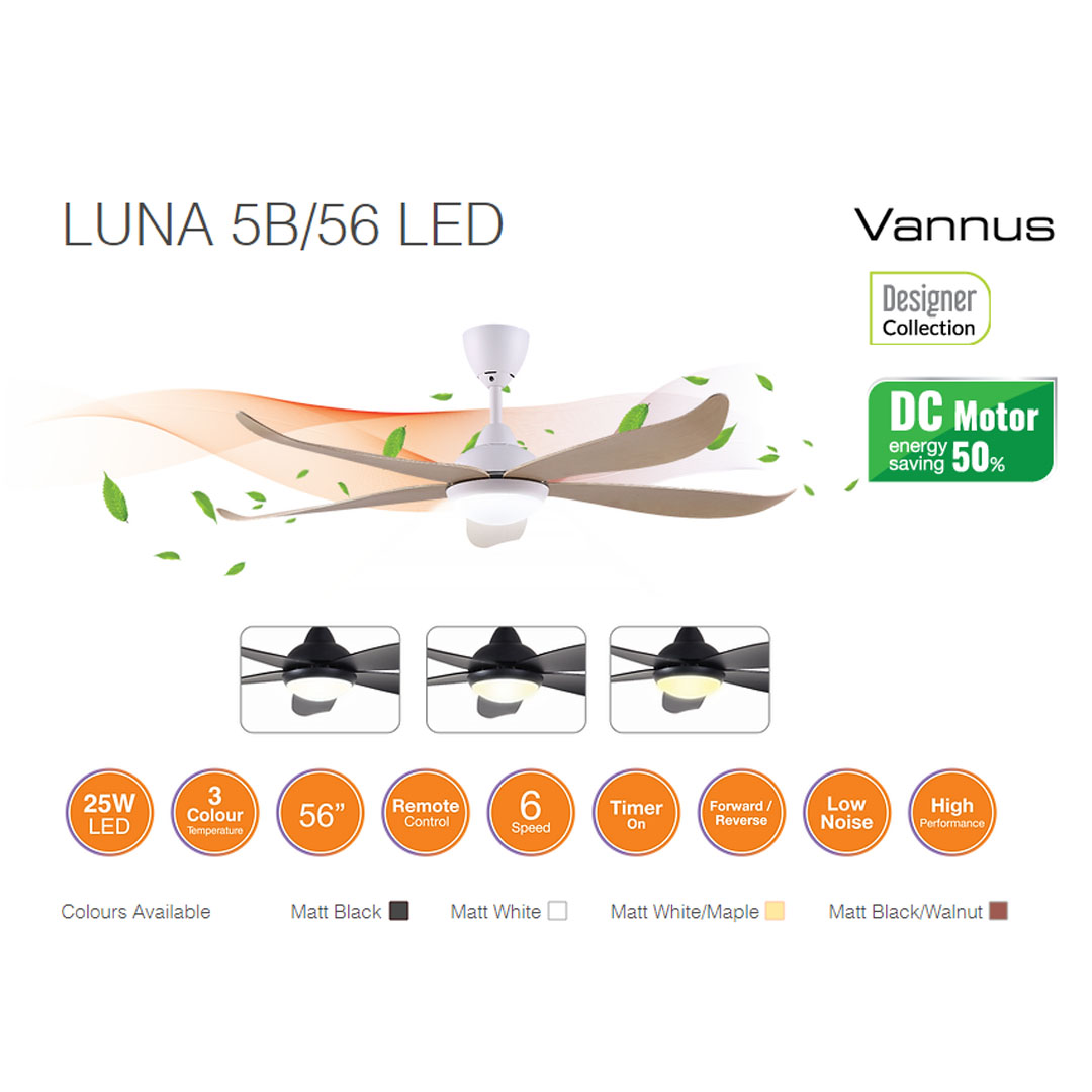 ALPHA 56" VANNUS 5 Blades Ceiling Fan Luna 5B/56 LED | Low Noise | Timer | Forward Reverse | LED Colour Light | 6 Speed | Natural Wind | Ceiling Fan with 1 Year Warranty