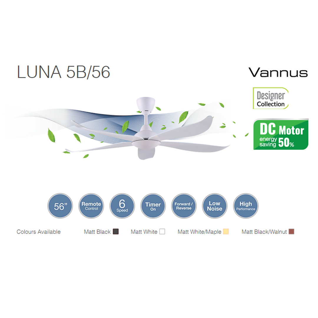 ALPHA (VANNUS) 56" 5 Blades Ceiling Fan  Luna 5B/56 | Low Noise | Timer | Forward Reverse | 6 Speed | Ceiling Fan with 1 Year Warranty