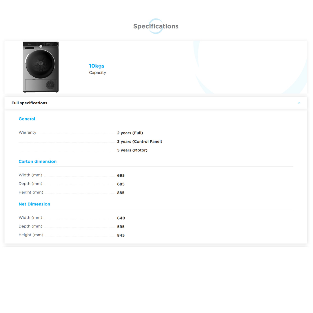 Midea 10KG Front Load Heatpump Dryer MD-K1088HPT | Buzzer | Electronic Control | Button Program Selection