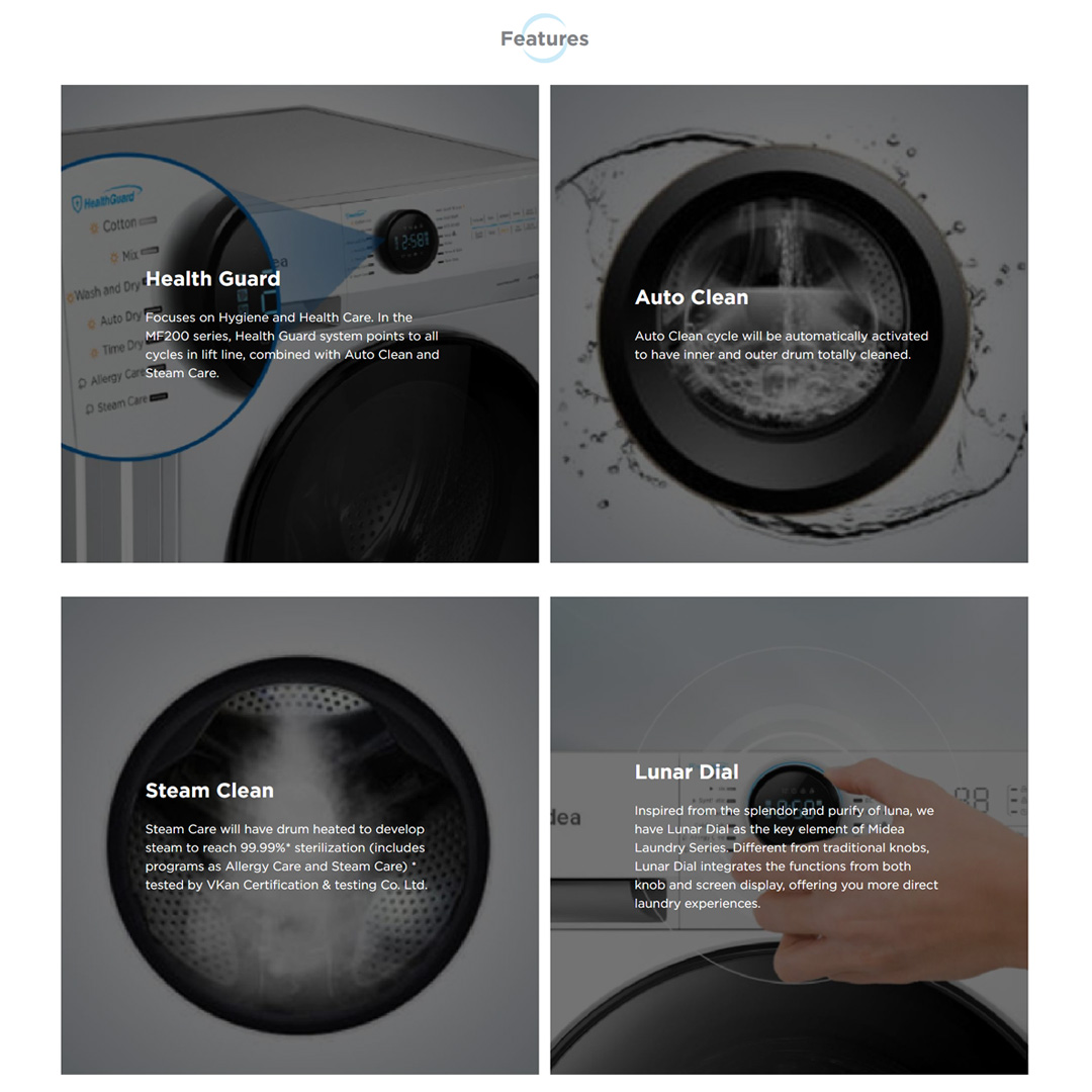 Midea 8.5KG/5KG Front Load Washer Dryer With Inverter Quattro MF100D85B | Inverter Motor | Auto Clean | 45min Rapid Wash | 2 Year Warranty