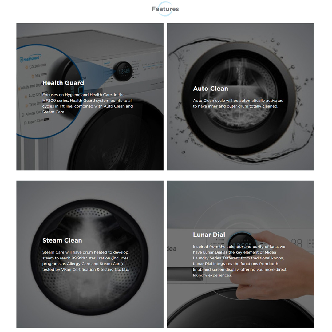 Midea 10KG/7KG Front Load Washer Dryer With Inverter Quattro MF200D100WB  | Inverter Motor | Smart Control | Auto Clean | 2 Years Warranty