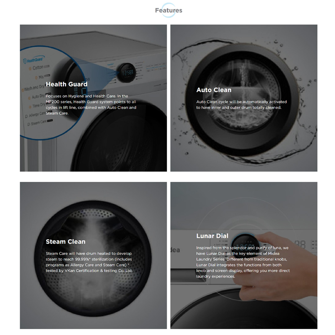 Midea 12KG/8KG Front Load Washer Dryer With Inverter Quattro  MF200D120WB | Inverter Motor | Smart Control | Auto Clean | 45min Rapid Wash | Turbo Wash | Lunar Dial | Add Garment | 90 Degree Celsius Drum Clean | Washing Machine with 2 Year Warranty