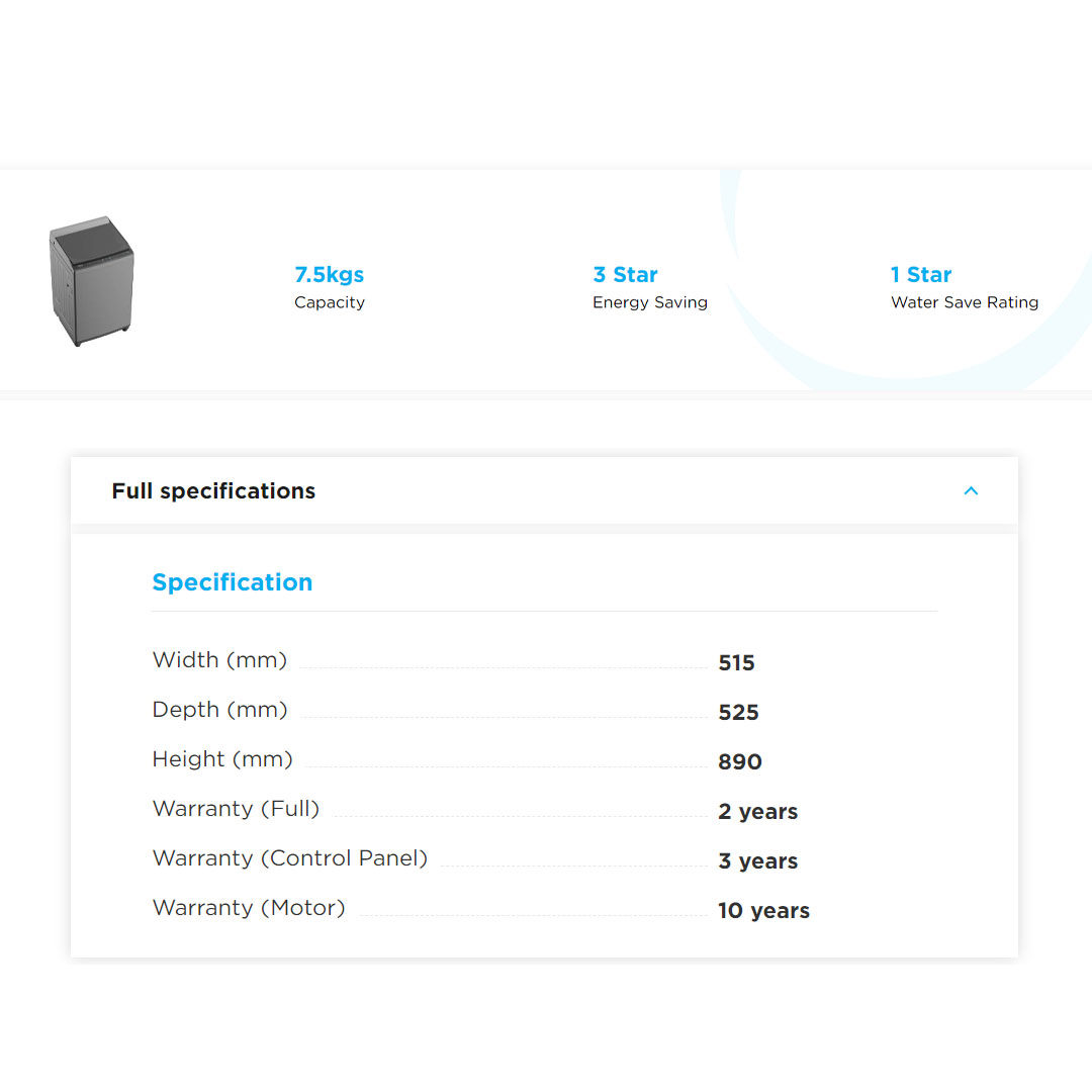 Midea 7.5KG Top Load Washing Machine MA100W75 | Lunar Dial | 15' Quick Wash | One-Touch Smart Wash | Auto Clean | Hygiene | Lint Filter | Washing Machine with 2 Year Warranty