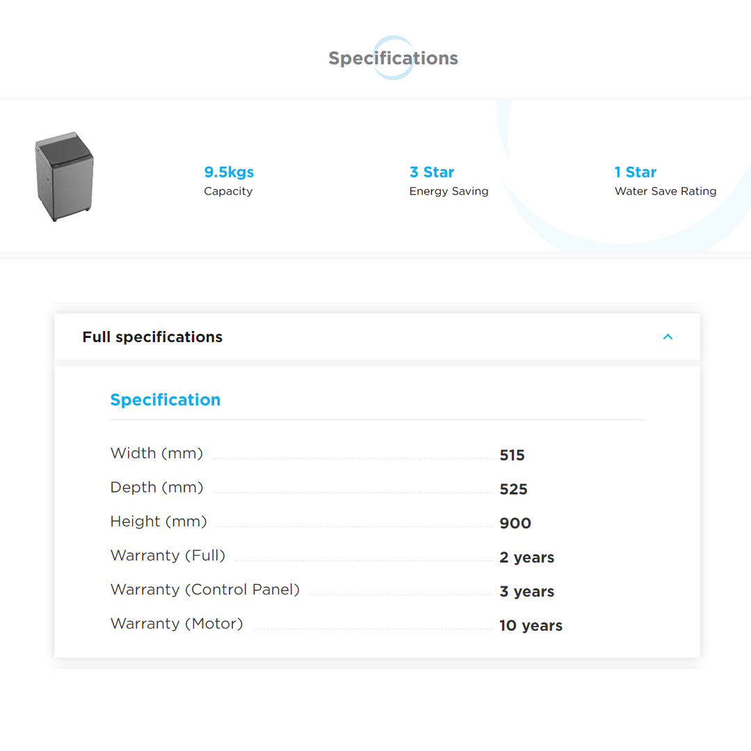 Midea 9.5KG Top Load Washing Machine  MA100W95 | 5' Quick Wash | One-Touch Smart Wash | Auto Clean | Water Cub Tub | Washing Machine with 2 Year Warranty