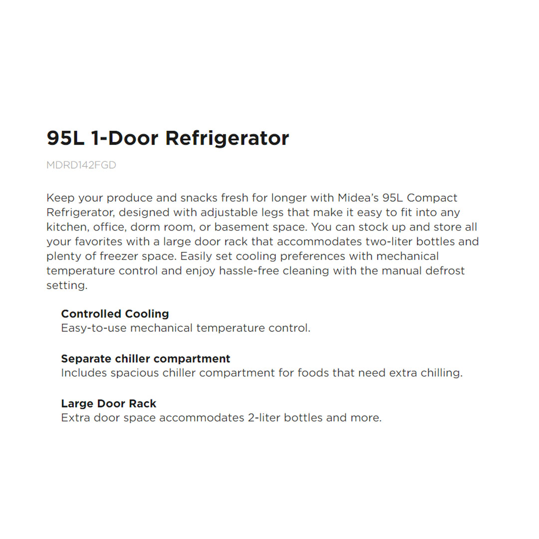 Midea 96L Single Door Refrigerator MDRD142FGD | Reversible Door | Adjustable Leg | Energy Saving | Mechanical Temperature Control | Separate Chiller Compartment | Refrigerator with 1 Year Warranty