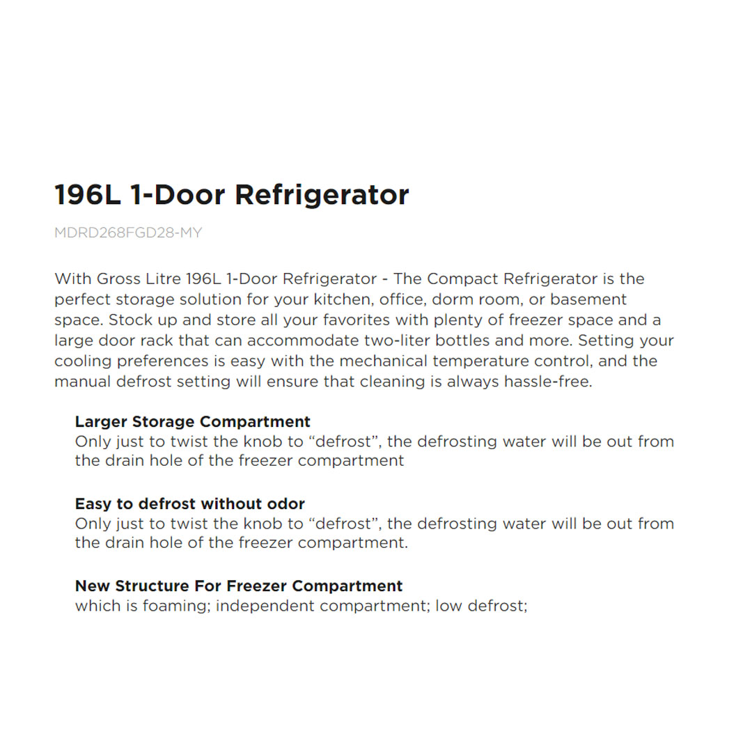 Midea 196L Single Door Refrigerator MDRD268FGD28-MY | Larger Storage Compartment | Easy to Defrost without Oddor | Plastic Tray | Handle Cap | Temperature Control Position | Handle Cap | Freezer Compartment | Refrigerator with 1 Year Warranty