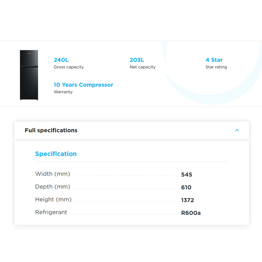 Midea 240L 2 Doors Inverter Top Mount Refrigerator  MDRT306MTB30 | Inverter Quattro | Active-C Fresh | Big Cooling Zone | Big Ice Tray | Smart Sensor | Electronic Control | Highlight LED | Refrigerator with 1 Year Warranty