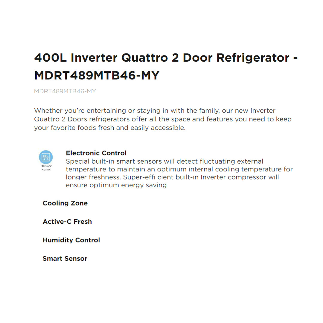 Midea 400L 2 Doors Inverter Top Mount Refrigerator  MDRT489MTB46-MY | Inverter Quattro | Active-C Fresh | Big Cooling Zone | Big Ice Tray | Smart Sensor | Electronic Control | Special Egg Tray | Highlight LED | Refrigerator with 1 Year Warranty