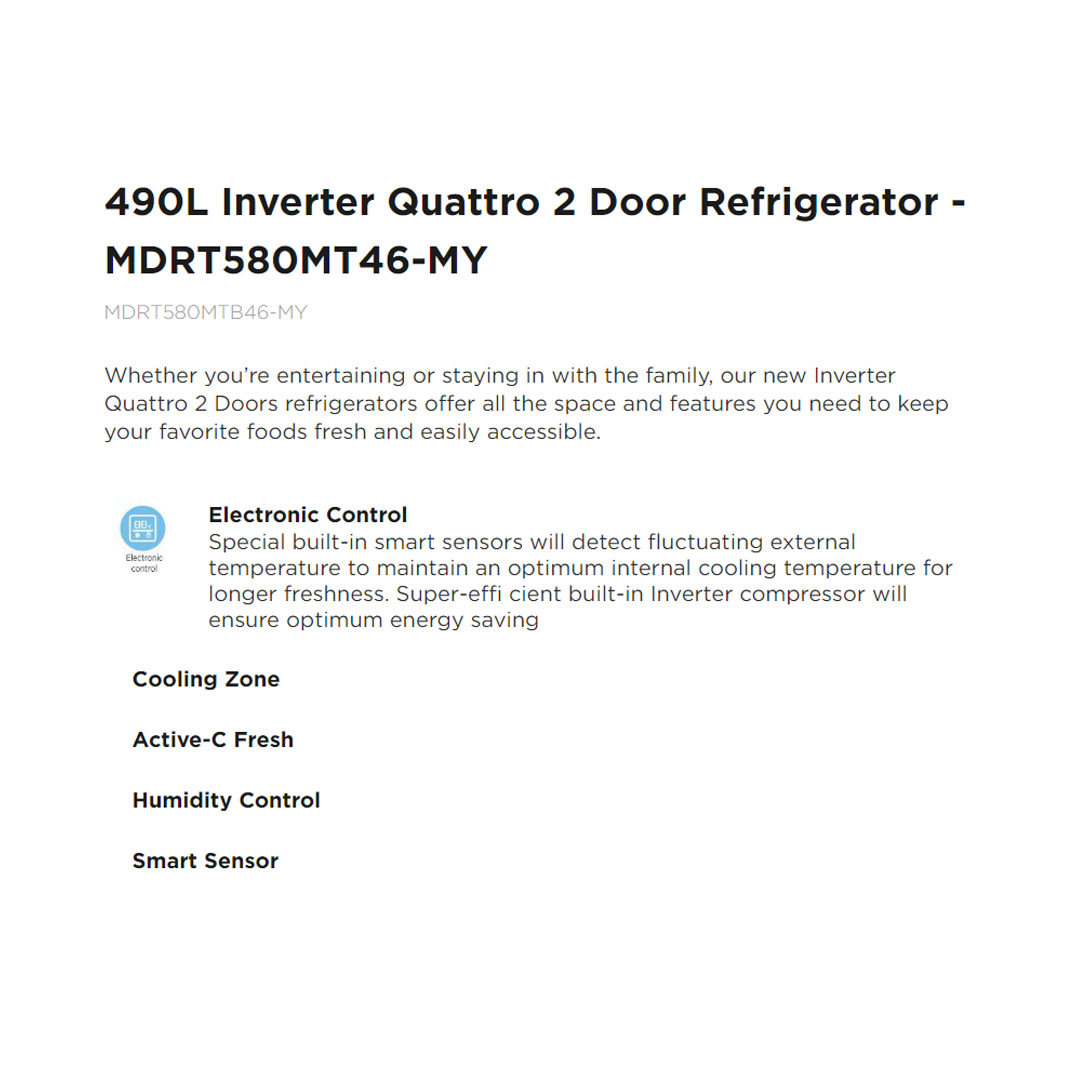 Midea 490L 2 Doors Inverter Top Mount Refrigerator MDRT580MTB46-MY | Inverter Quattro | Active-C Fresh | Big Cooling Zone | Big Ice Tray | Smart Sensor | Electronic Control | Highlight LED | Refrigerators with 1 Year Warranty