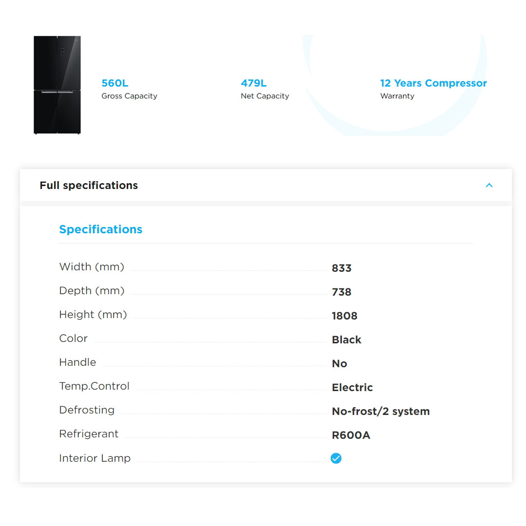 Midea 560L Multi Doors Inverter Refrigerator MFT-585WEGBI | Inverter Compressor | Premium Tempered Glass Door | 2-Cooling System | LED Display Control | Vacation Mode | Multi Air Flow System | Platinum Fresh | Refrigerators  with 1 Year Warranty