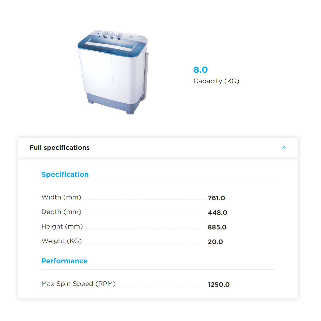 Midea 8KG Semi-Auto Washing Machine MSW-8008P |  Wash Drain Selector | Wash Timer Selector | Spin Timer Selector | Fibre Body | Washing Machine with 1 Year Warranty