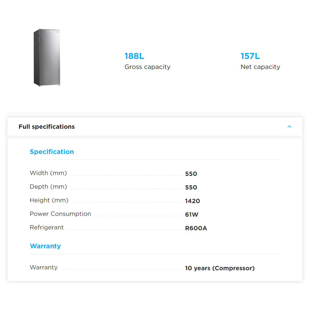 Midea 188L Upright Freezer MUF-208SD | Reversible Door | Super Freeze Function | Eco-Friendly R600a Refrigerant | Freezer with 1 Year Warranty