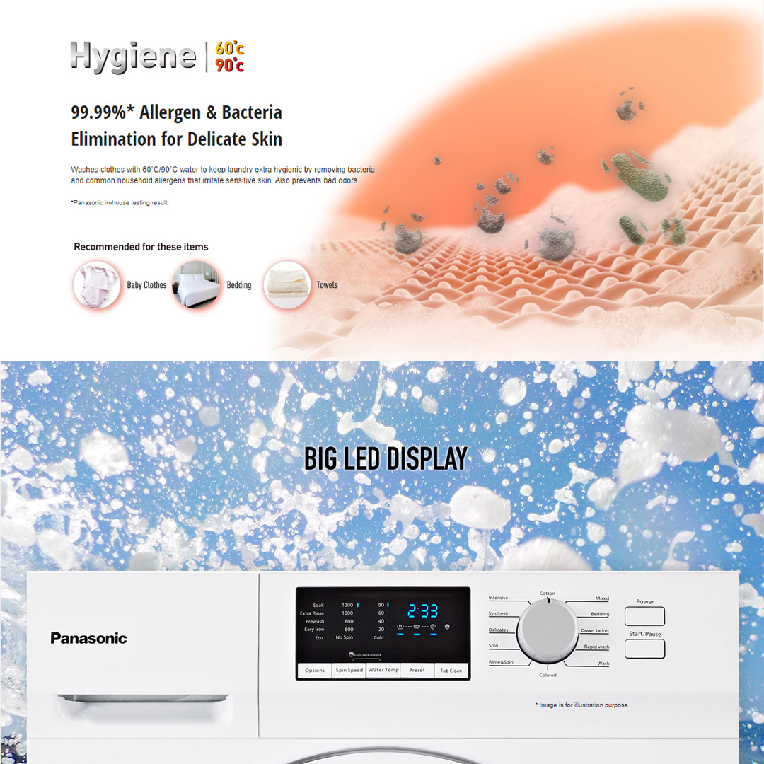 Panasonic 7KG Front Load Washing Machine NA-127XB1 | Big Led Display | Double Hygiene with Cold / Hot Wash | 99.99% Allergen & Bacteria Elimination for Delicate Skin | Washing Machine With 1 Year Warranty