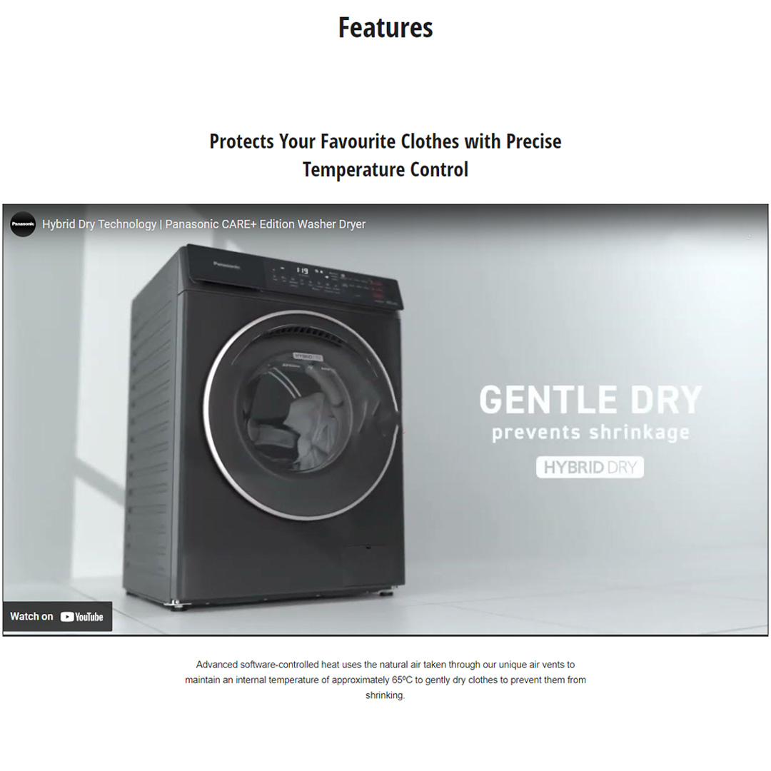 Panasonic 10KG/6KG Front Load 3Di Inverter Washer Dryer NA-S106FR1BM | Easy Drying Modes to Save Time | Gentle Drying for Longer-Lasting Clothes | Hygienic Drying with Bacteria Elimination | Washer Dryer With 1 Year Warranty