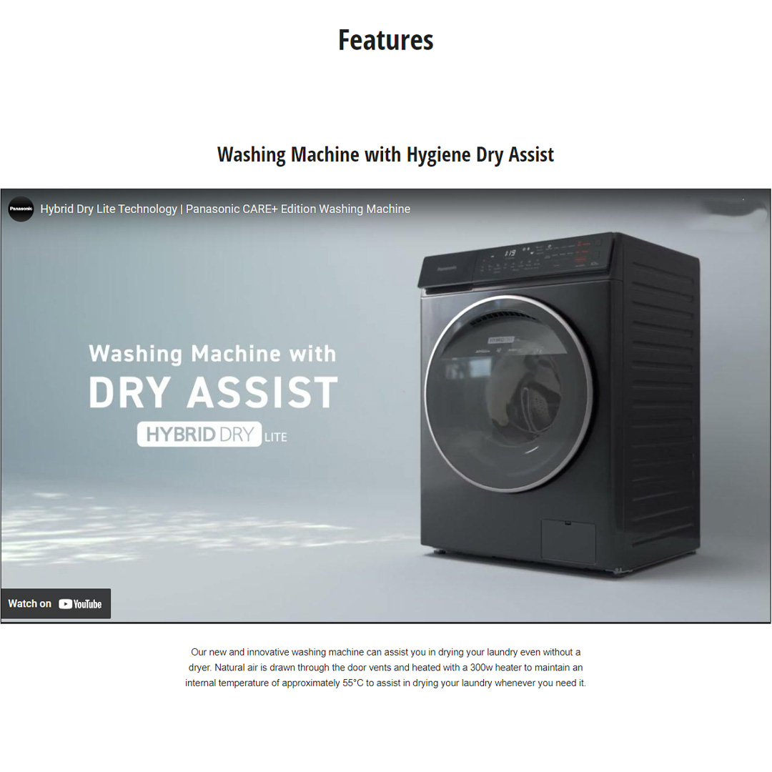 Panasonic 10KG Front Load 3Di Inverter Washing Machine NA-V10FC1WMY  | Improves Hygiene In Your Everyday Laundry | Hygienic Drying With Bacteria Elimination | Eliminates 99.99%*¹ Bacteria With Cold Wash | Washing Machine With 1 Year Warranty