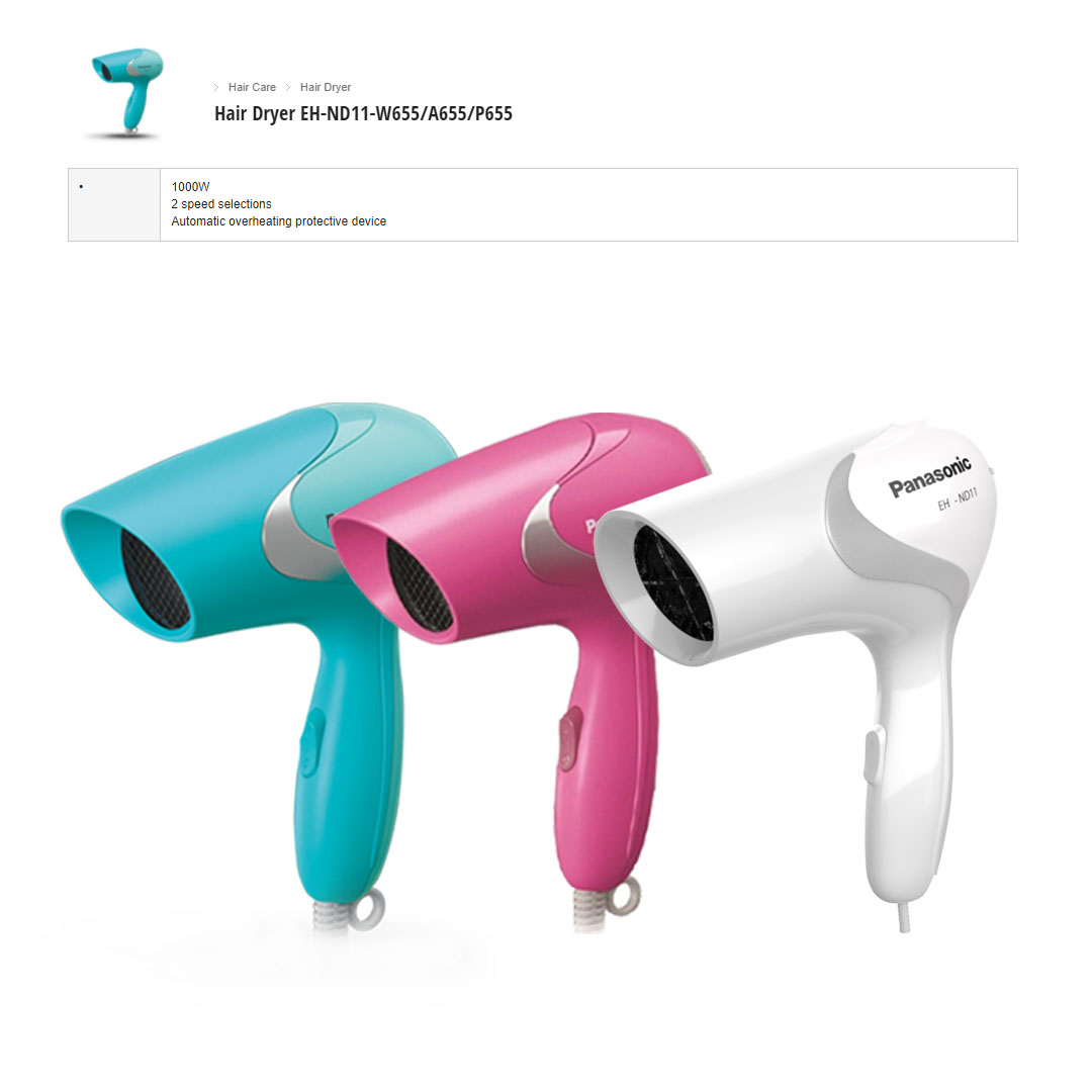 Panasonic 1000W Hair Dryer EH-ND11-P655/EH-ND11-A655/EH-ND11-W655 | 2 Speed Selections | Automatic Overheating Protective Device | Fast Drying | Hair Dryers with 1 Year Warranty