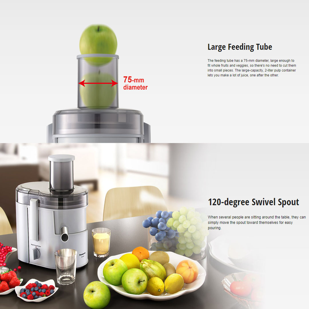 Panasonic 2L Wide Tube Juicer MJ-SJ01WSL | Spinner Material | 230W Power Consumption | Large Feeding Tube | Juice Extractor with 1 Year Warranty