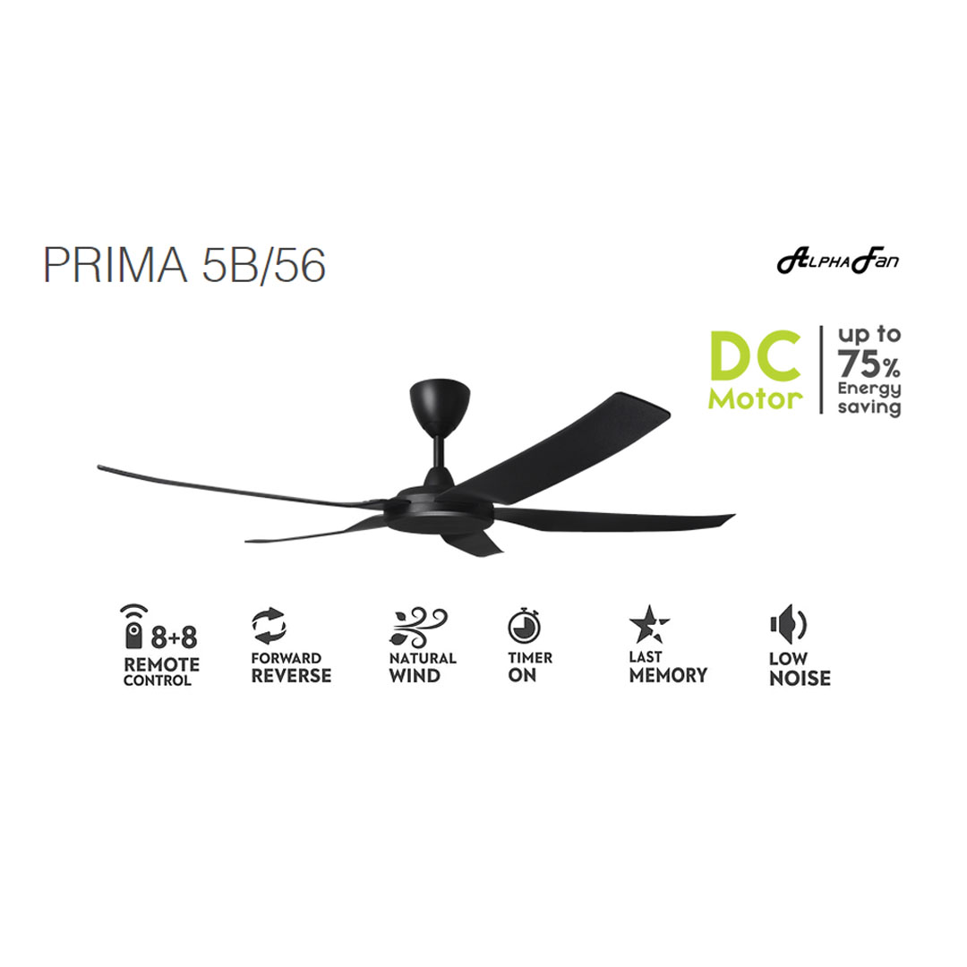 ALPHA 56" 5 Blades Ceiling Fan  PRIMA 5B/56 | Low Noise | Timer | Remote Control | Forward Reverse | 8 Speed | Last Memory | Natural Wind | Ceiling Fan with 1 Year Warranty