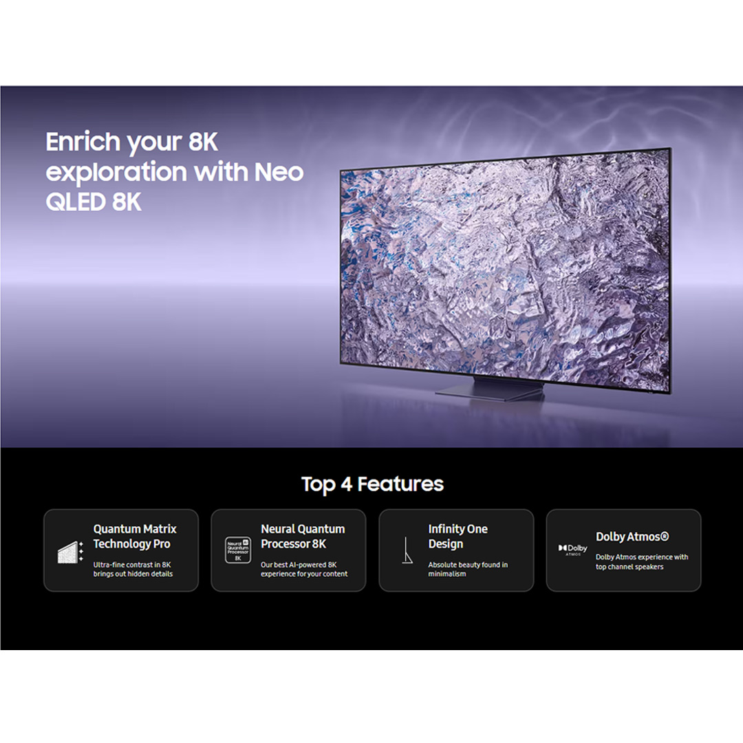 SAMSUNG 65" 8K UHD Smart NEO QLED TV QA65QN800CKXXM | Anti Reflection | Dolby Atmos | Smart Hub | SmartThings | HDR | HDMI | Smart TV with 2 Year Warranty
