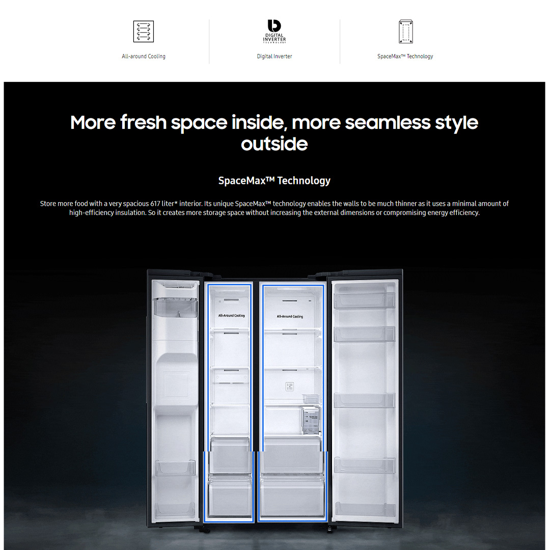 SAMSUNG 660L Side by Side Digital Inverter Refrigerator with SpaceMax RS64R5101B4/ME | Power Cool | Power Freeze | Auto Ice Maker | Deodorizing Filter | Refrigerator with 1 Year Warranty
