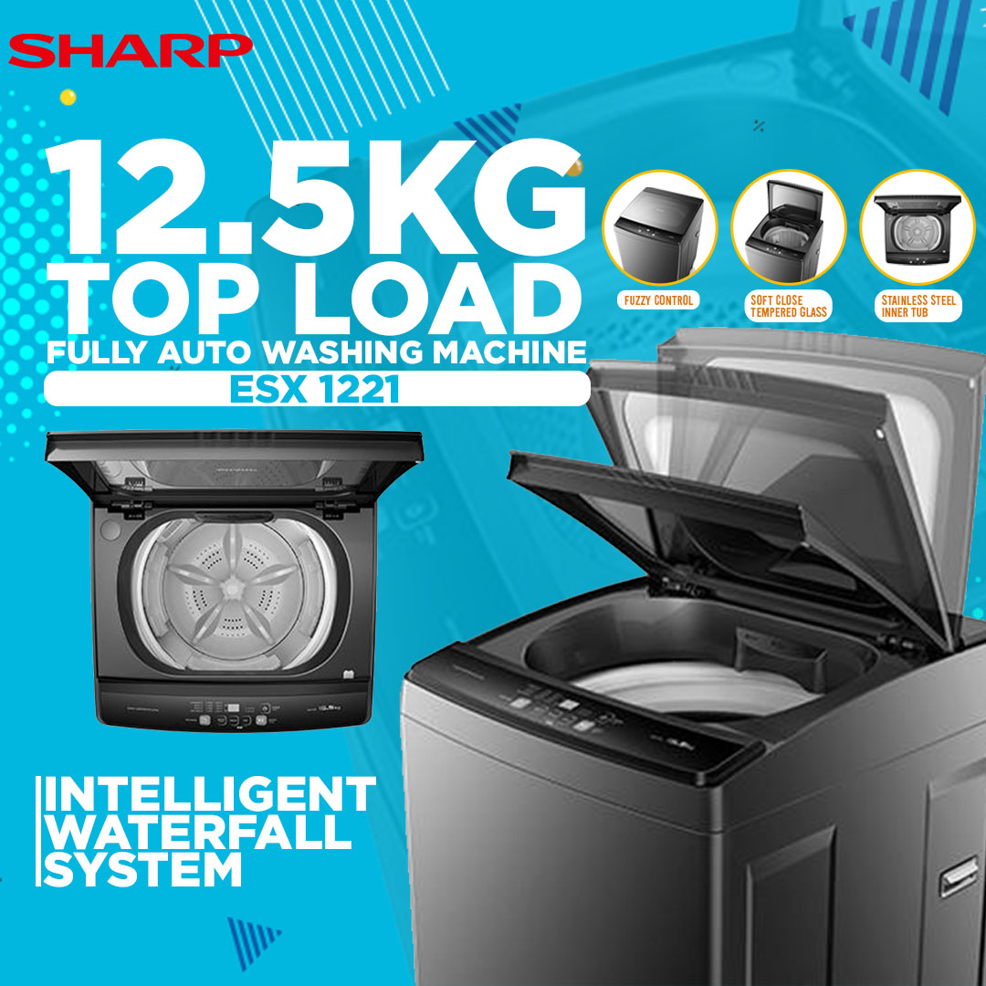 SHARP 12.5KG Top Load Fully Auto Washing Machine ESX1221 | Fuzzy Control | Intelligent Water Fall System | Smart Filter | Soft-Close Tempered Glass | Stainless Steel Drum | Washing Machine with 2 Years General Warranty & 10 Years Motor Warranty
