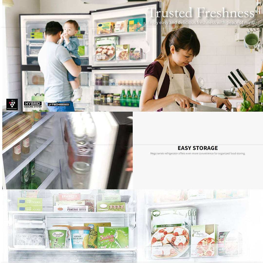 Sharp 610L 2 Doors Top Mount J-Tech Inverter Pelican Refrigerator SJP682MFGK | Plasmacluster Ion Technology | Hybrid Cooling System | AG CU Nano Deodoriser | Express Freezing | Refrigerator with 1 Year General & 12 Year Motor Warranty