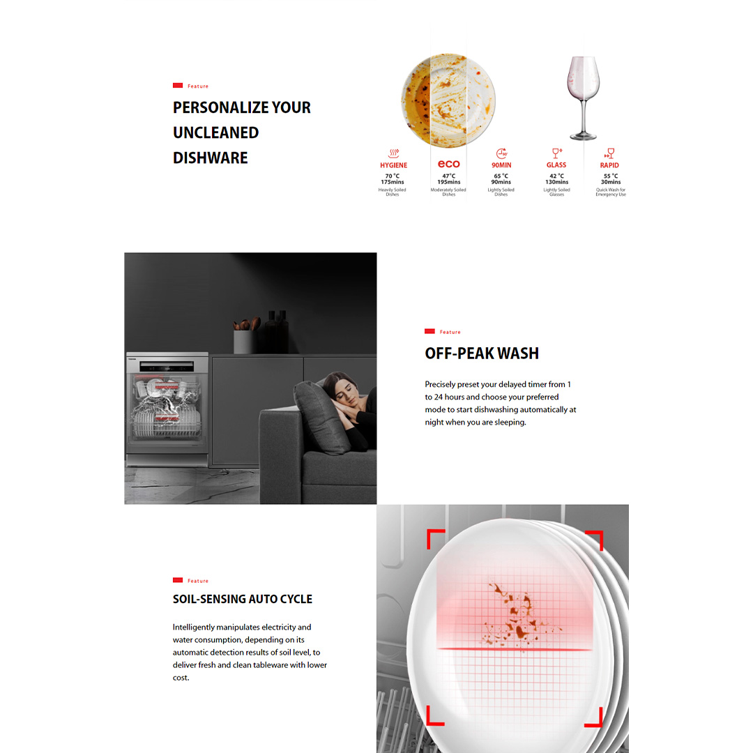 TOSHIBA 14 Place Setting Standing Dishwasher DW-14F1(S)-MY | High-Standard Hygiene | Personalize Uncleaned Dishware | Off-Peak Wash | Soil-Sensing Auto Cycle | Daily Auto | Half Load | LED Display Panel | Standing Dishwasher with 1 Year Warranty