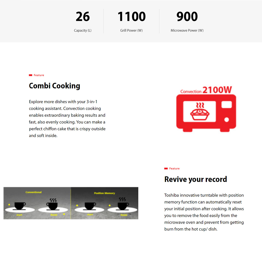 TOSHIBA 26L Microwave Oven with Convection Function MW2-AC26TF(BK) | Auto Cooking Program | Multi-Cooking Function | Child Safety Lock | Easy To Clean | Microwave with 1 Year Warranty