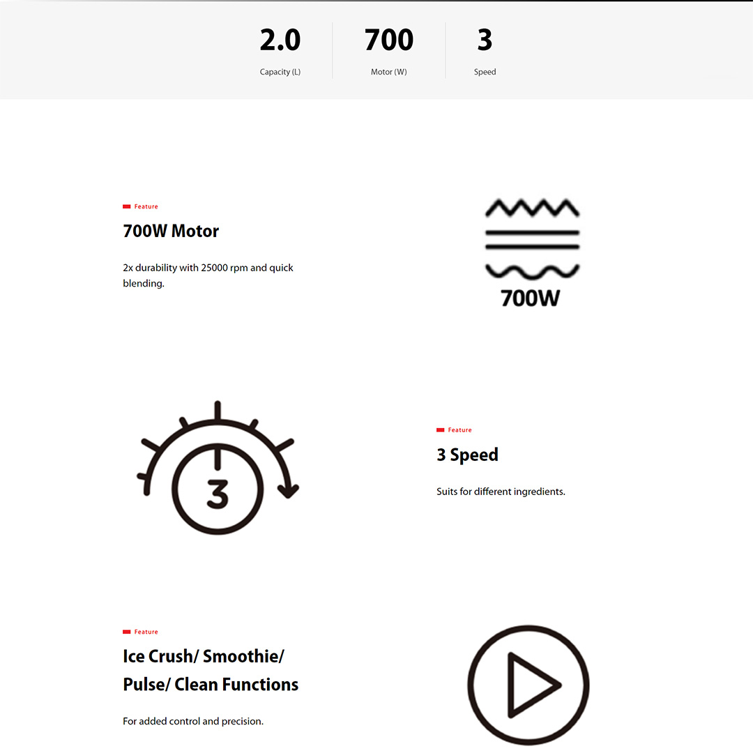 TOSHIBA 2L Multifunction Blender BL-70PR2NMY | 3-Speed Control | Smoothie and Ice Crush Function | With Grinder, Mincer & Juicer Strainer | Jigsaw 6-point Blade | Blender with 1 Year Warranty