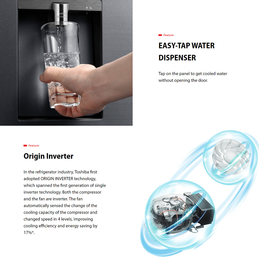 TOSHIBA 380L 2 Doors Bottom Mount Origin Inverter Refrigerator GR-RB405WE-PMY(06) | Water Dispenser | Folded Shelf | Electronic Control | Mega Ice | Refrigerator with 1 Year Warranty