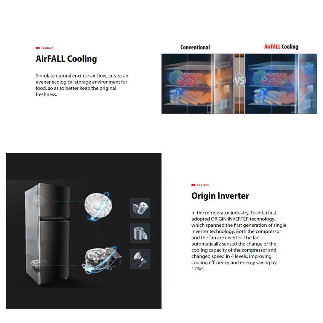 TOSHIBA 400L 2 Doors Inverter Refrigerator GR-RT468WE-PMY(37) | AirFALL Cooling | Origin Inverter | Humidity Control | Refrigerator with 1 Year General and 12 Year Compressor Warranty