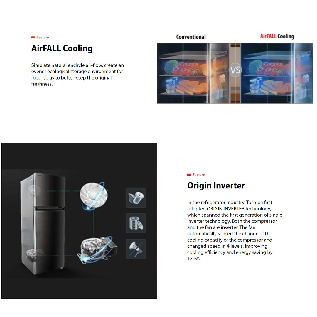 TOSHIBA 530L 2 Doors Inverter Refrigerator GR-RT624WE-PMY(37) | AirFALL Cooling | Origin Inverter | Humidity Control | Refrigerator with 1 Year General & 12 Year Compressor Warranty