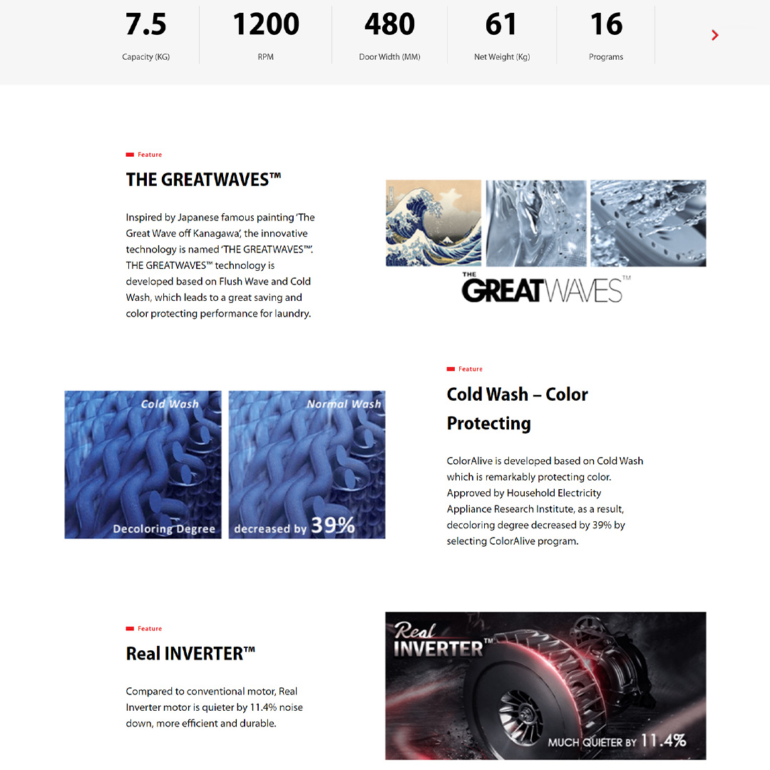 TOSHIBA 7.5KG Front Load Real Inverter Washing Machine with THE GREATWAVES TW-BH85S2M(SK) | 16 Program | Child Lock | Temperature Selection | Spin Speed, Selection | Washing Machine  with 2 Year Warranty