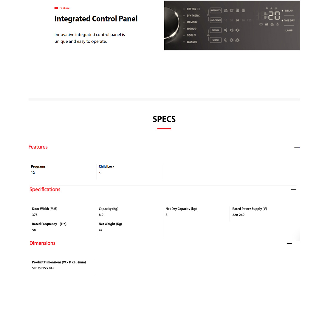 TOSHIBA 8KG SENSEDRY Condenser Dryer TD-K90MEM(SK) | Anti-Crease | Integrated Control Panel | Condenser Dryer with 1 Year Warranty