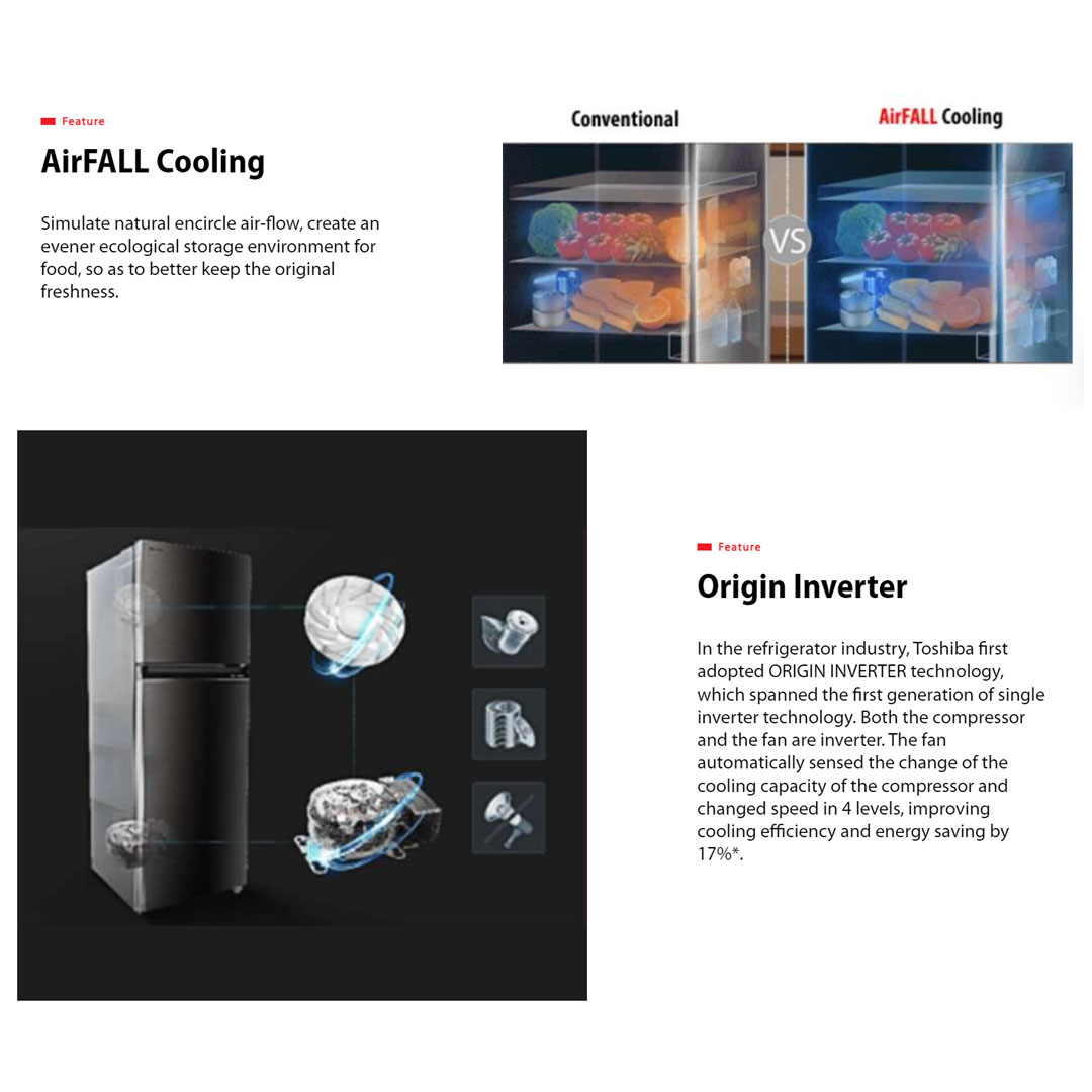 Toshiba 490L 2 Doors Top Mount AirFall Origin Inverter Refrigerator GR-RT559WE-PMY(06) | Pure Bio | Humidity Control | Electric Control | Cooling Zone | Origin Inverter | AirFALL Cooling | Refrigerator with 1 Year Warranty