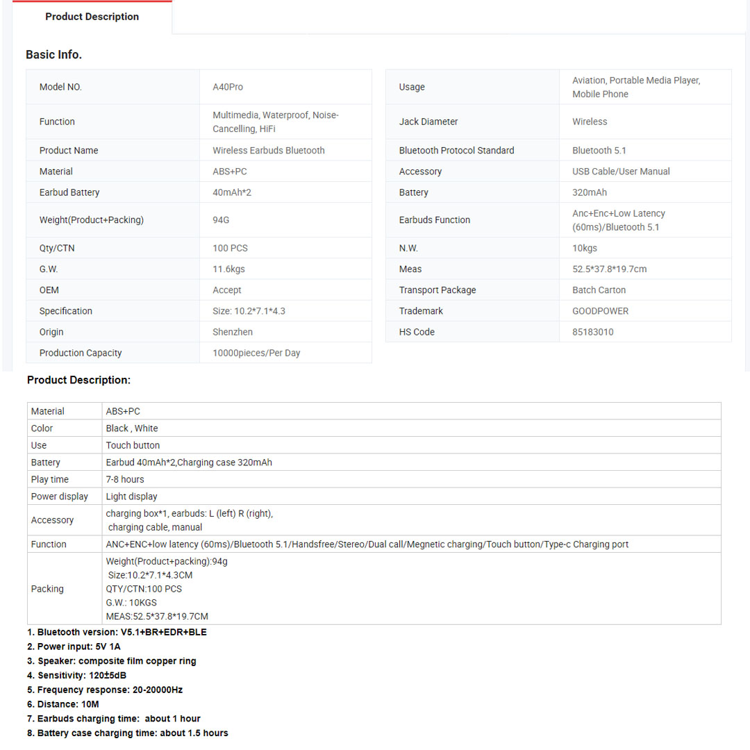 TWS Wireless Earphones A40PRO | Active Noise Canceling | IPX4 Waterproof | Bluetooth 5.1 | Earphone with 1 Year Warranty