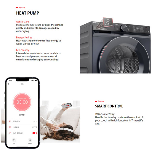 Toshiba 10KG Heat Pump Inverter Tumble Dryer TD-BK110GHM(SK) | Heat Pump | Smart Plan | Drying Cycle Auto Set | SENSEDRY | Hygiene | UV Sanitize | Anti-Crease | Wool | Stack | Tumble Dryer with 2 Year General Warranty